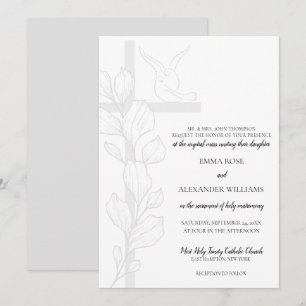 Invitation Emma Élégant Croix et colombes Mariage Catholique