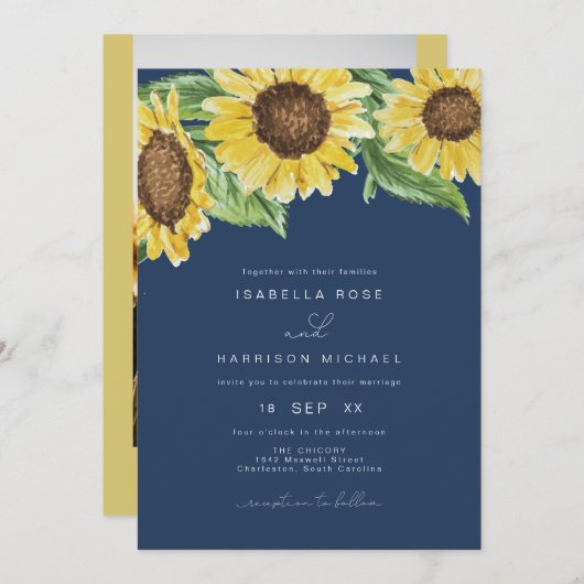 Invitation EMMA Rustic Navy Blue Watercolor Mariage de tourne (Devant / Derrière)