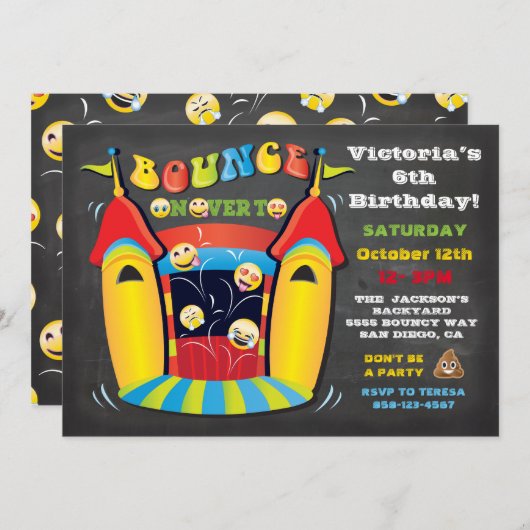 Invitation Emoji Chalkboard Bounce House fête d'anniversaire (Devant / Derrière)
