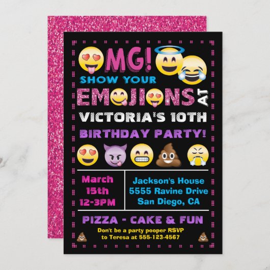 Invitation Emoji Parties scintillant rose Anniversaire Fête I (Devant / Derrière)