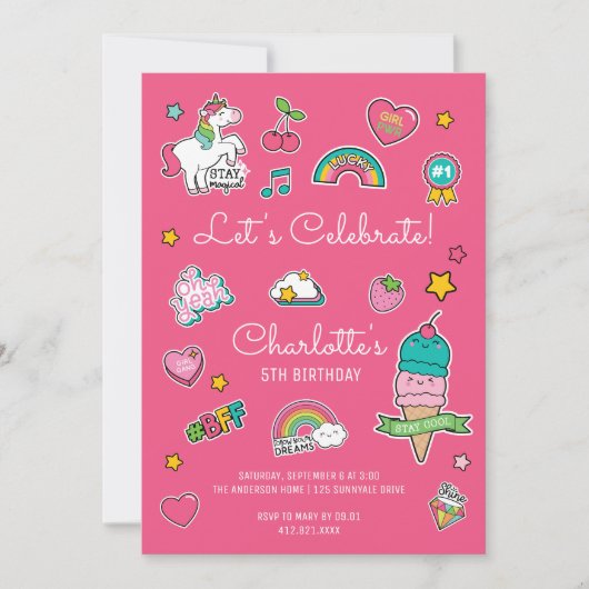 Invitation Emoji rose Anniversaire Unicorn Girl (Devant)