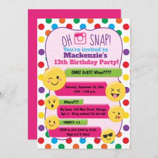 Invitation Emoji Texting Multi-Color Girl'Ado d'anniversaire (Devant / Derrière)
