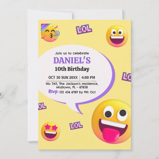 Invitation Emotion moderne brillante et amusante thème 10e an (Devant)