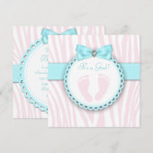 Invitation Empreinte bleue turquoise et rose Bébé Fille Douch (Devant / Derrière)