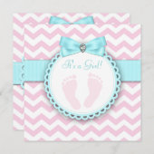 Invitation Empreinte bleue turquoise et rose Bébé Fille Douch (Devant / Derrière)