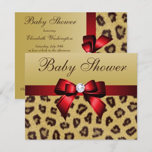 Invitation Empreinte de léopard, Baby shower Red Bow (Devant / Derrière)