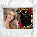 Invitation Empreinte de léopard Black Gold Red Photo 50th Bir<br><div class="desc">Elégante invitation au 50e anniversaire fleurie féminine avec votre photo. Design noir rouge glam avec faux or parties scintillant. Caractéristiques animal empreinte de léopard, roses rouges, police de script et confetti. Parfait pour une fête anniversaire adulte élégante. Personnalisez avec vos propres détails. Peut être customisé pour n'importe quel âge !...</div>