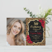 Invitation Empreinte de léopard Black Gold Red Photo 50th Bir (Debout devant)