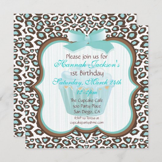 Invitation empreinte de léopard cupcake fête d'anniversaire t (Devant / Derrière)