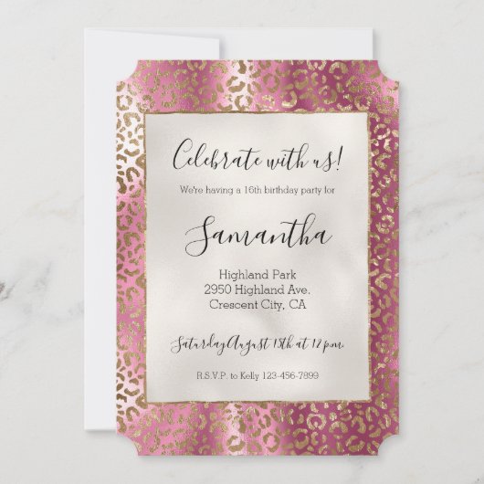 Invitation Empreinte de léopard de glam or rose chic (Devant)