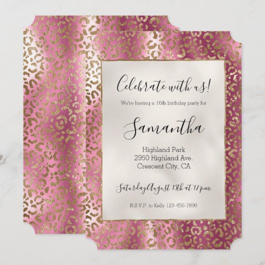 Invitation Empreinte de léopard de glam or rose chic (Devant / Derrière)
