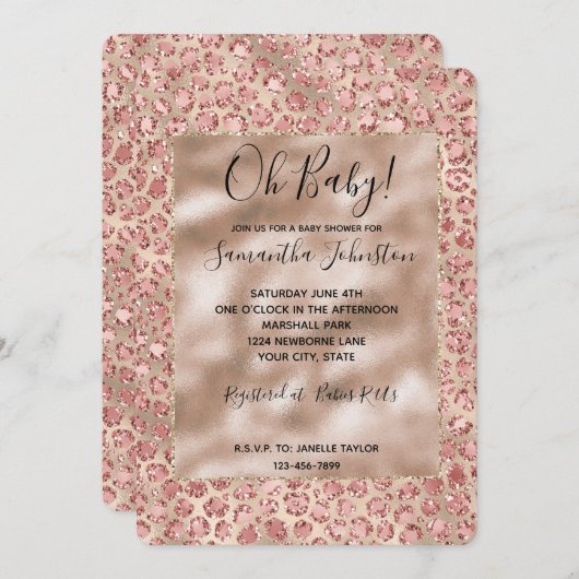 Invitation Empreinte de léopard de Parties scintillant rose b (Devant / Derrière)