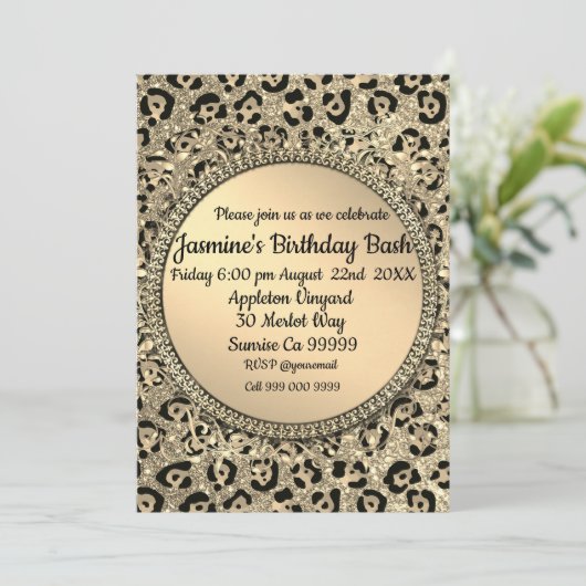 Invitation Empreinte de léopard Glam Parties scintillant or (Debout devant)