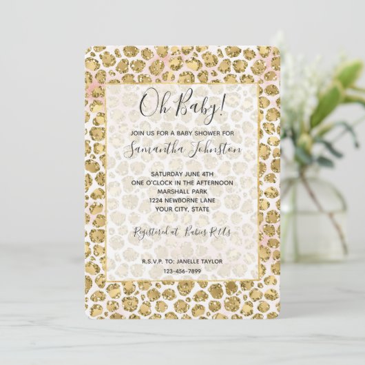 Invitation Empreinte de léopard Glitzy Glam Gold Blush Partie (Debout devant)