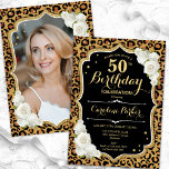 Invitation Empreinte de léopard Gold Black Photo 50th Birthda<br><div class="desc">Elégante invitation à 50ème anniversaire avec votre photo au dos de la carte. Design noir blanc glam avec un empreinte de léopard animal et faux or parties scintillant. Comprend des roses blanches, des caractères de script et des confettis. Parfait pour une fête anniversaire adulte élégante. Personnalisez avec vos propres détails....</div>