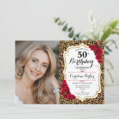 Invitation Empreinte de léopard Gold Red Photo 50th Birthday (Debout devant)