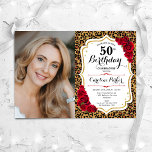 Invitation Empreinte de léopard Gold Red Photo 50th Birthday<br><div class="desc">Elégante invitation au 50e anniversaire fleurie féminine avec votre photo. Design blanc de verre avec parties scintillant d'or. Caractéristiques animal empreinte de léopard, roses rouges, police de script et confetti. Parfait pour une fête anniversaire adulte élégante. Personnalisez avec vos propres détails. Peut être customisé pour n'importe quel âge ! Invitations...</div>