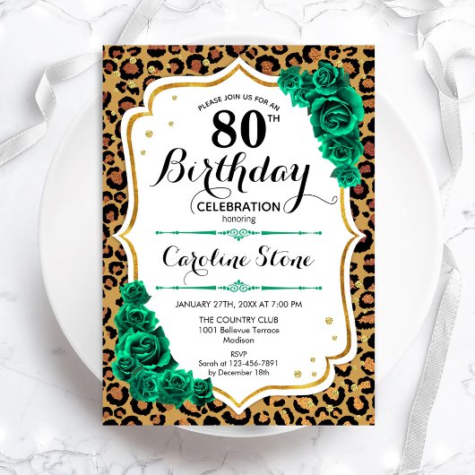 Invitation Empreinte de léopard Green Gold 80e anniversaire