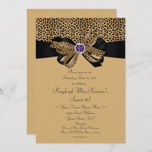 Invitation empreinte de léopard Joyaux pourpres Diamants doux (Devant / Derrière)