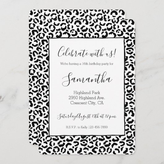 Invitation Empreinte de léopard noir blanc (Devant / Derrière)