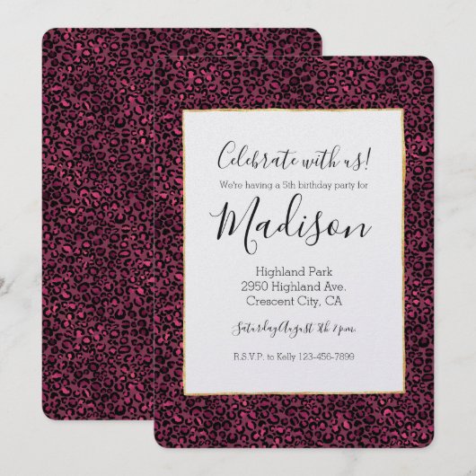 Invitation Empreinte de léopard noir rose glam (Devant / Derrière)