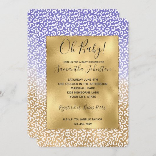 Invitation Empreinte de léopard Ombre or blanc violet (Devant / Derrière)