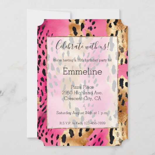 Invitation Empreinte de léopard or de glam rose fille (Devant)