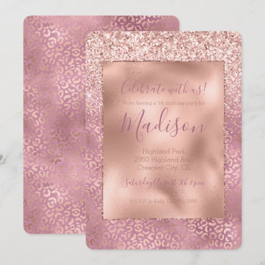Invitation Empreinte de léopard Parties scintillant rose bril (Devant / Derrière)
