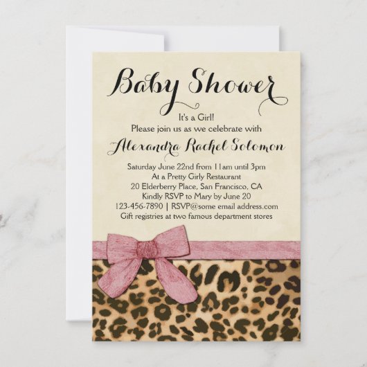 Invitation Empreinte de léopard Pink Bow Girl Baby shower Inv (Devant)
