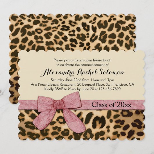 Invitation Empreinte de léopard Pink Bow Graduation / Invitat (Devant / Derrière)
