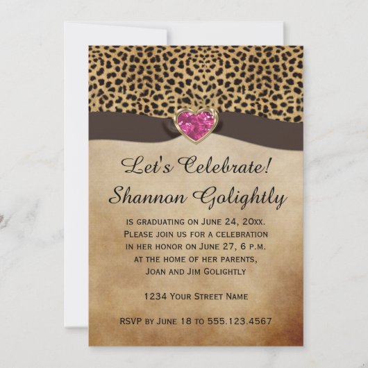 Invitation Empreinte de léopard Pink Heart Bling Party (Devant)