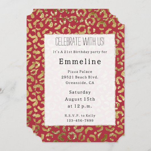 Invitation Empreinte de léopard Red Gold Glam (Devant / Derrière)