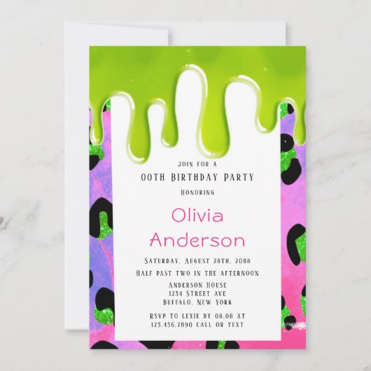 Invitation Empreinte de léopard rose mince vert 00e fête d'an (Devant)