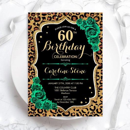 Invitation Empreinte de léopard Rose vert 60e anniversaire