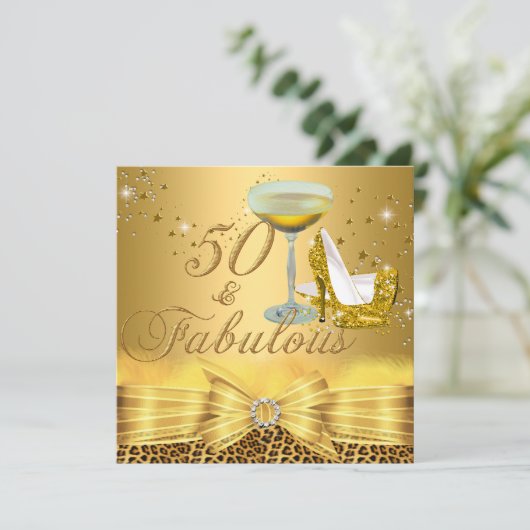 Invitation Empreinte de léopard & talons 50 Or fabuleux (Debout devant)