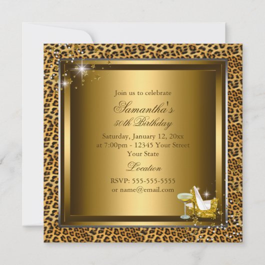 Invitation Empreinte de léopard & talons 50 Or fabuleux (Dos)