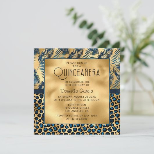 Invitation Empreinte de léopard tropical bleu Shimmer Quincea (Debout devant)