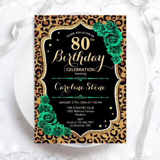 Invitation Empreinte de léopard Vert Roses 80e anniversaire