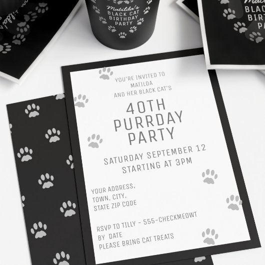 Invitation Empreinte de patte de chat noir 40e anniversaire d