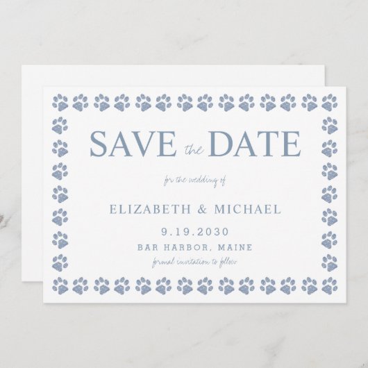 Invitation Empreinte de patte Dusty Blue Parties scintillant  (Devant / Derrière)