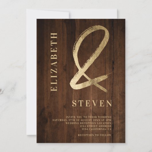 Invitation Empreinte d'or brun rustique noms photo mariage (Devant)