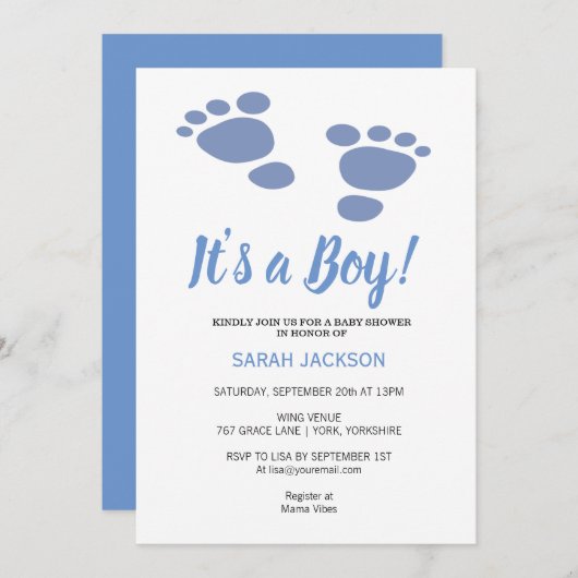 Invitation Empreinte mignonne Moderne Bleu C’est un Baby show (Devant / Derrière)