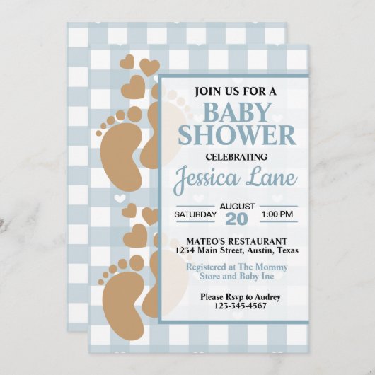 Invitation Empreintes bébé mignonnes avec Coeur Douche Invita (Devant / Derrière)