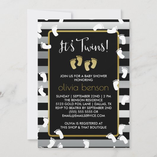 Invitation Empreintes blanches Baby shower des jumeaux argent (Devant)