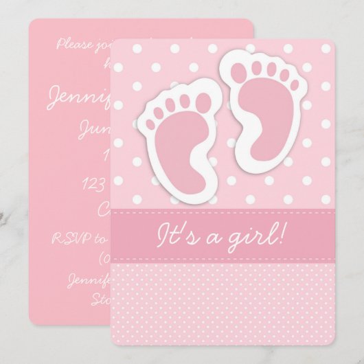 Invitation Empreintes de bébé roses (Devant / Derrière)