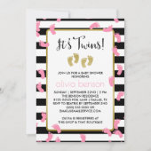 Invitation Empreintes roses Baby shower Black & Gold Twins (Devant)