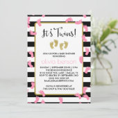 Invitation Empreintes roses Baby shower Black & Gold Twins (Debout devant)