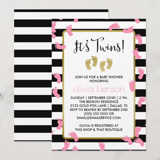 Invitation Empreintes roses Baby shower Black & Gold Twins (Devant / Derrière)