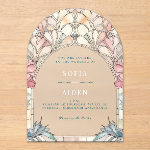 Invitation en acrylique florale rose pastel bleu