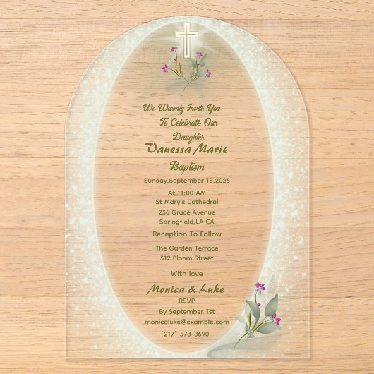 Invitation en acrylique pour baptême floral Vert&B (Recto)